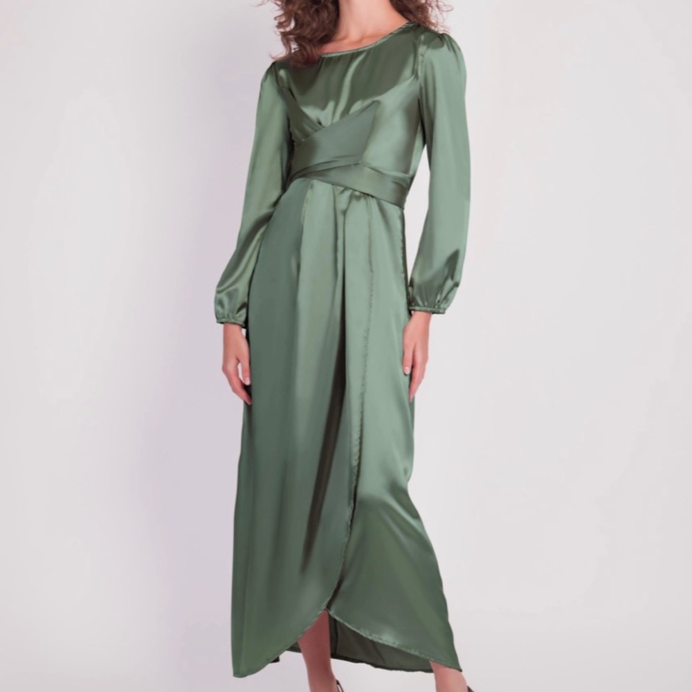 NWOT After Moda Satin Long Sleeve Sage Dress